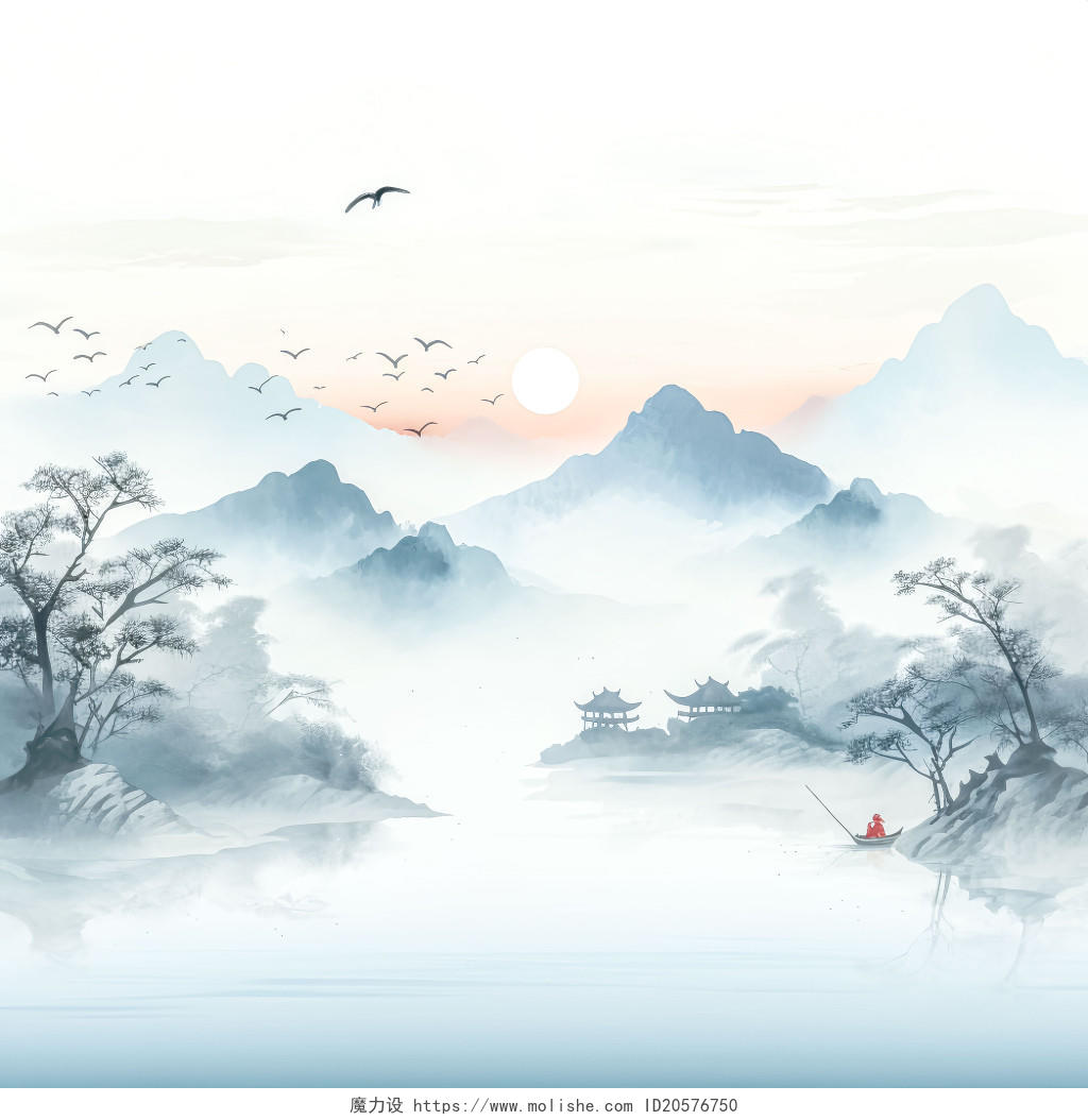 中国传统古典风格水彩水墨山水画中国风古风唯美山水风景